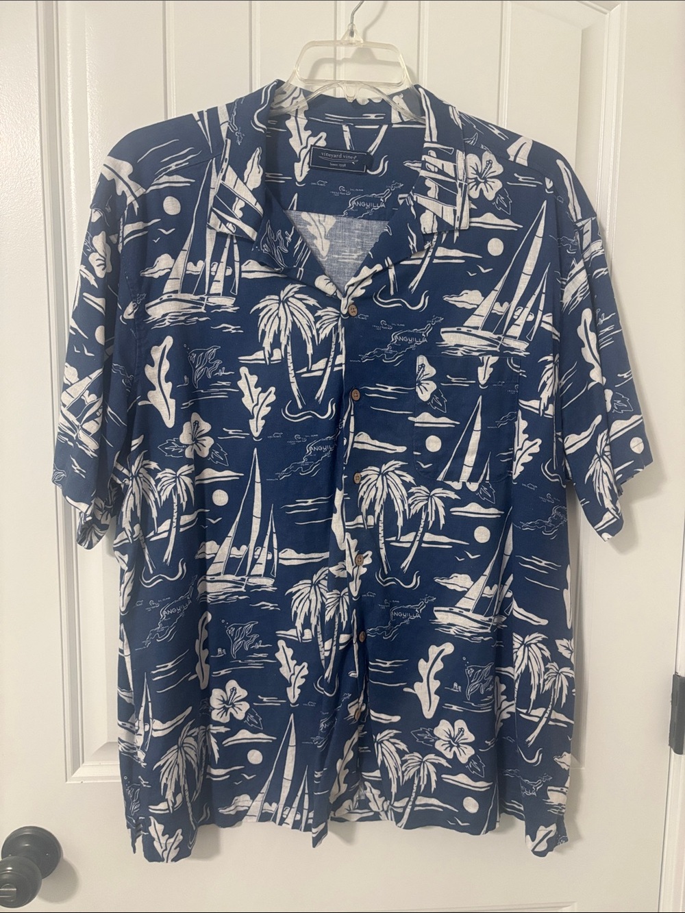 Vineyard Vines Navy and White Sailboat & Palm Print Button-Down Shirt